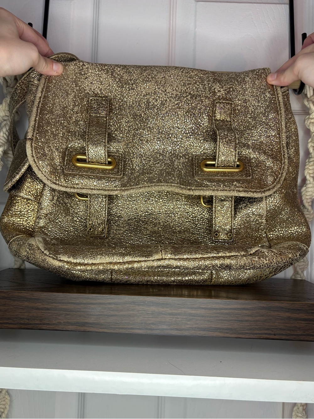 YSL Bag Gold Yves Saint Laurent Metallic Crackled Shoulder Strap Messenger Bag